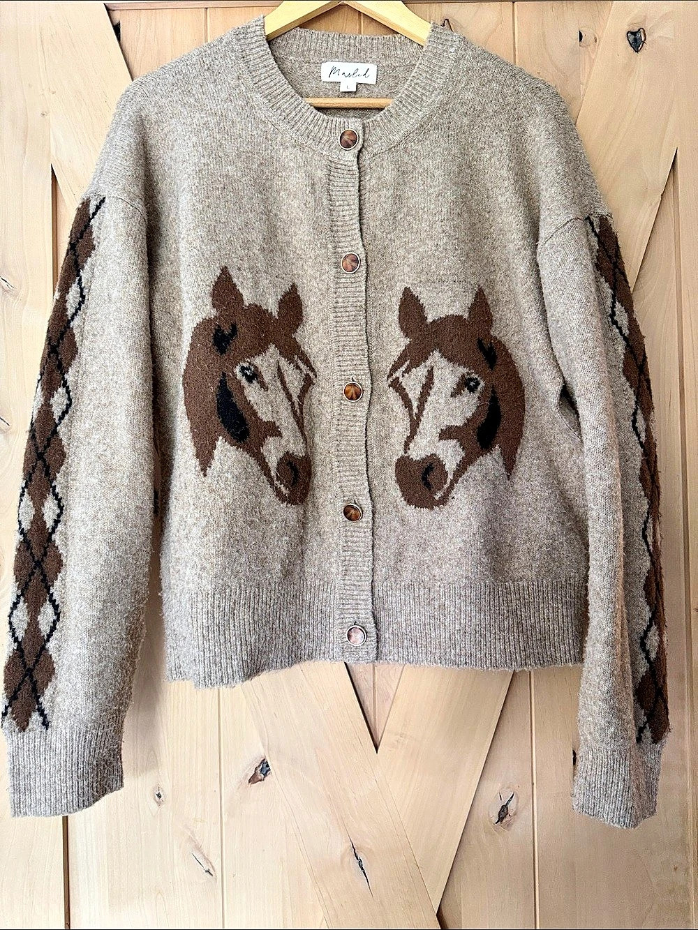 Marled Horse Cardigan in Brown & Gray Large Like New